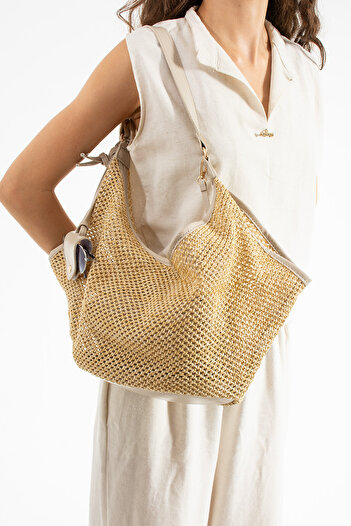 Night Melina Model Straw Light Mink Women's Hand and Shoulder Bag with Glasses Apparatus