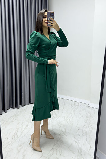 thezkscom Women's Green Long Sleeve Flounced Belted Plus Size Dress