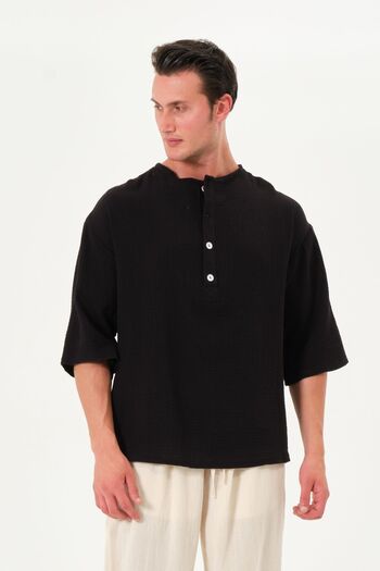 RELAXL 100% Cotton Muslin Fabric Loose Cut Summer Placket Collar Black Shirt