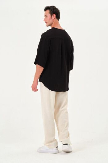 RELAXL 100% Cotton Muslin Fabric Loose Cut Summer Placket Collar Black Shirt