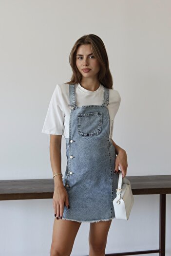 XRAY JEANS Salopet de blugi albastru pentru femei cu fustă cu nasturi laterale și buzunare