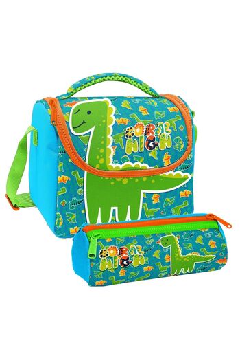 Coral High Boy's Blue Green Dinosaur Thermo Lunchbox and Three Compartment Pen Holder Set