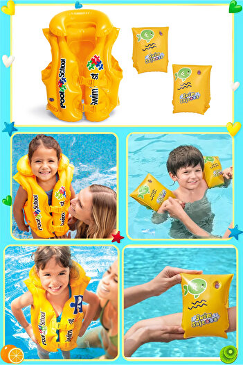Yeşil Oyuncak 3-6 Years Swimming Assistant Set Inflatable Life Jacket + Inflatable Armlet Swimming Set