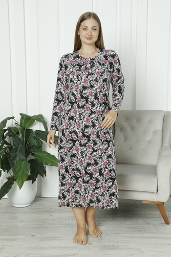ERDENİZ TEKSTİL Plus Size Mother Nightgown Patterned Lace Detail Cotton Long Sleeve Floral Pattern