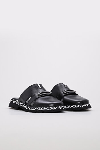 Ayakkabıhane Genuine Leather Inside and Outside Black Comfortable Women's Flat Slippers Ah0871026191026