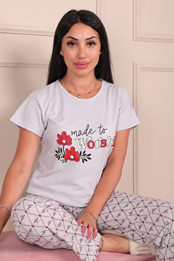 Niket Life Made to Workship Slogan Floral Print Short Sleeve Bottom Long Pajama Set Gray