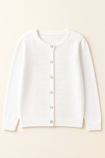 Magu Girl's White Knitwear Thin Patterned Buttoned Cardigan