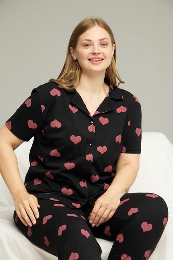Siyah İnci Black Pink Heart Pattern Large Size Battal Short Sleeve Button Knitted Pajamas Suit 7615