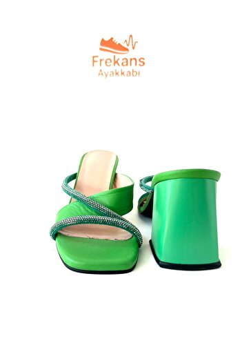 NEWGÜLTEKİN Khaki Leather Soft Comfortable Shape Stone Togu Bow Multi-Stylish Evening Sandals