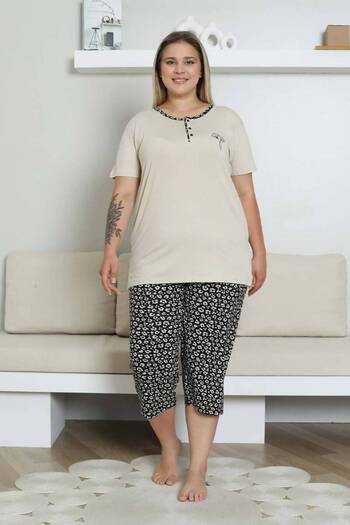 ALİMER Embroidered Women's Pajamas Set - Beige Plus Size Bermuda Short Sleeve Lycra Bamboo Viscose 2857Bb