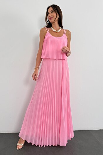 5in1Canpolat Pink Pleated Chiffon Dress 00778