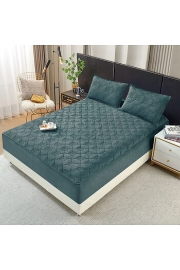 OEM Bed Cover and 2 Pillowcases, Quilted Velvet Topper, 160x200cm, Dark Green