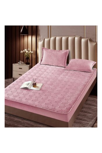 JOJO HOME Husa de pat si 2 fete de perna, Jojo Home, Catifea, Model Matlasat, 180x200cm, Roz