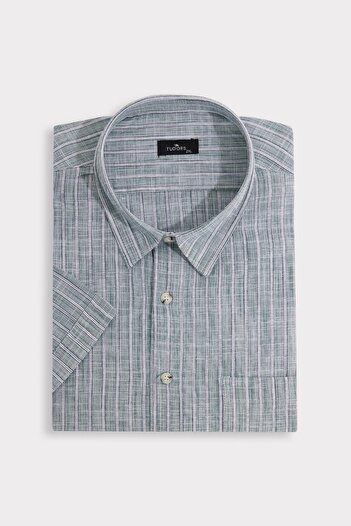 Tudors Men's Big Size Large Size 100% Cotton Collar Buttoned Linen Texture Single Pocket Striped Short Sleeve Green Shirt