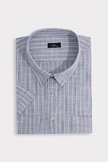Tudors Men's Big Size Large Size 100% Cotton Lapel Buttoned Linen Texture Single Pocket Striped Short Sleeve Navy Blue