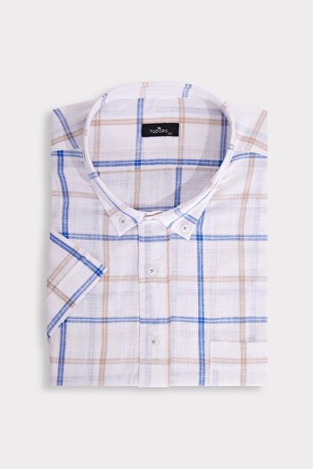 Tudors Men's Plus Size Lapel Button Checked Linen Effect Short Sleeve Shirt