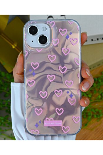 Go Aksesuar iPhone 15 - 14 - 13 Compatible Romantic Heart Color Transition Glossy Design Silicone Case