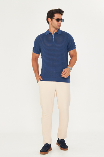 EDITION MAN Tricou din tricot cu gât polo cu fermoar din bumbac moale de vară Indigo EE100511598