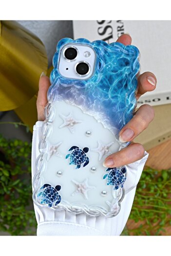 Go Aksesuar iPhone 15 - 14 - 13 Compatible Silicone Case with Wavy Edges Loggerhead Print Pattern