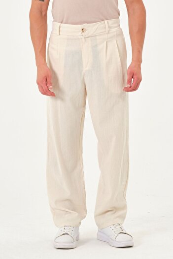 RELAXL 100% Cotton Şile Cloth High Waist Wide Leg Men's Baggy Cream Trousers