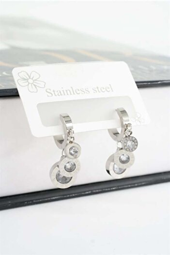By Zeyna Aksesuar Women's 316L Steel Tarnish Baguette Zircon Stone Shakira Model Earring Set