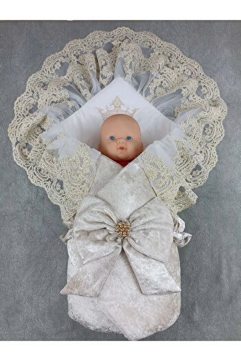 Biçomi Newborn Palace Velvet Crown Embroidered Pearl Bow Double Lace Veil Trilux Swaddle Baby Blanket