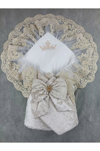 Biçomi Newborn Palace Velvet Crown Embroidered Pearl Bow Double Lace Veil Trilux Swaddle Baby Blanket
