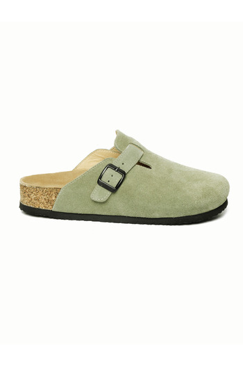 Lemoors Costa Natural Cork Sole Inside and Outside Genuine Suede Leather Green Color Sabo Slippers