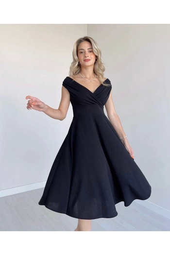 BÜŞRA TEZEL MODA Women's Short Sleeve Double Breasted Collar Skirt Flounce Crepe Dress