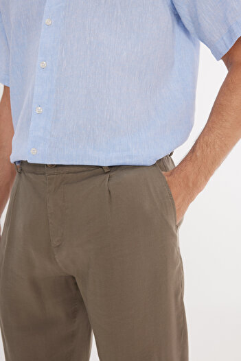 ALTINYILDIZ CLASSICS Erkek Vizon Keten Slim Fit Dar Kesim Beli Lastikli Yan Cepli Esnek Pantolon