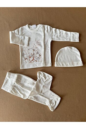EM&FA TEKSTİL Cotton Three-Piece Baby Set with Self-Gloves