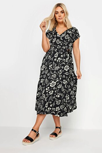 Şans Women's Plus Size Black, Wrap Collar, Waist Buckle, Floral Patterned Dress 65N39008