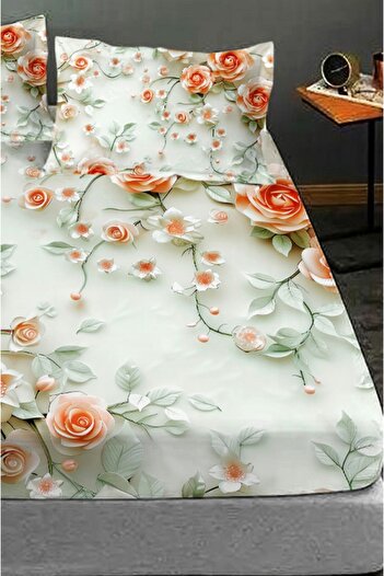 MonoHome 100% Cotton Fitted Sheet Special Design 5D Digital 60 Wire Salmon Flowers
