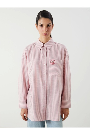 LC Waikiki Lcw Modest Pink Cherry Embroidered Oversize Women's Shirt Tunic