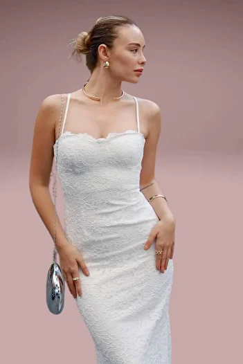Moda Amore Lace Dress - Stylish Design with Strap and Slit Detail |   Wedding - Wedding - Invitation Dress |   887