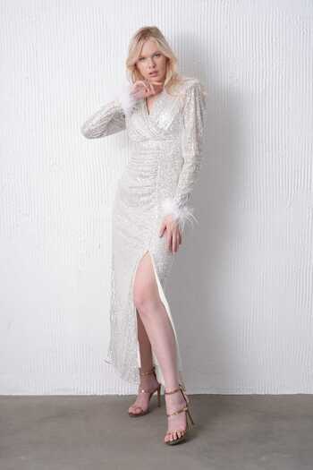 CİXAPLE Double Breasted Collar Long Sleeve Feather Detailed Dress