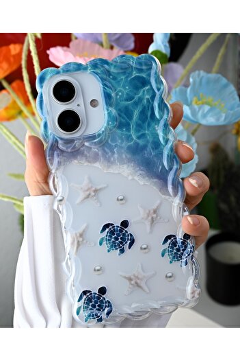 Go Aksesuar iPhone 16 Compatible Silicone Case with Wavy Edge Loggerhead Print Design