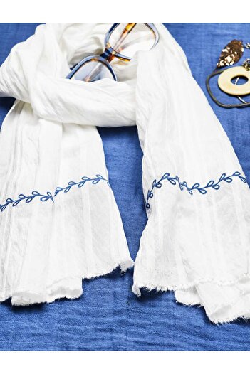 Handmade Betty Bands White Blue Embroidered Cotton Shawl – Summer Lightweight Ethnic Shawl & Scarf Bandana