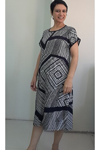 Mertcan Butik Black and White Print Low Sleeve Combed Viscose Dress with Body