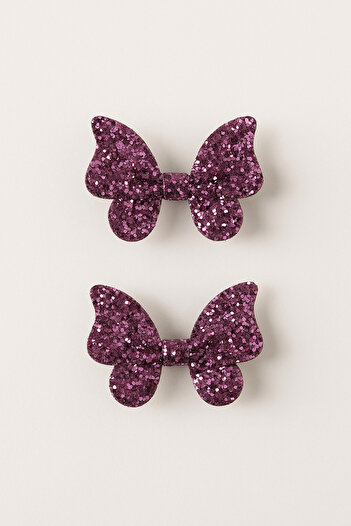 Magu Girl's Purple Glitter Butterfly Hairpin Set – Set of 2 Shiny Hairpins
