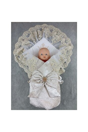 shopwave Newborn Palace Velvet Crown Embroidered Pearl Bow Double Lace Veil Trilux Swaddle Baby Blanket