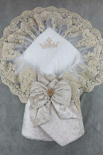 shopwave Newborn Palace Velvet Crown Embroidered Pearl Bow Double Lace Veil Trilux Swaddle Baby Blanket