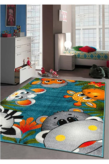 Kolibri Children's Room Carpet Animals 11058-180, Blue, 9 mm Thread, Anti-Allergic
