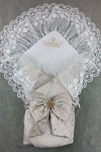 shopwave Newborn Palace Velvet Crown Embroidered Pearl Bow Double Lace Veil Trilux Swaddle Baby Blanket