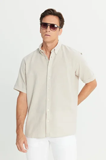 AC&Co / Altınyıldız Classics Men's Beige Linen Look 100% Cotton Dobby Button Collar Shirt Comfort Fit Relaxed Fit