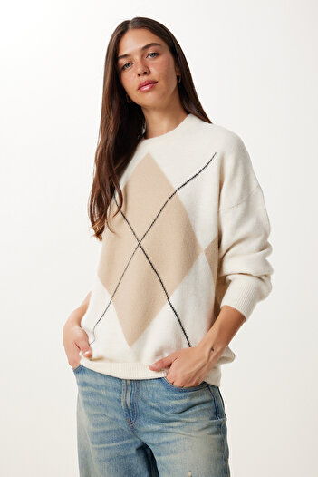 Happiness İstanbul Women's Cream Beige Diamond Patterned Knitwear Sweater Dd01366