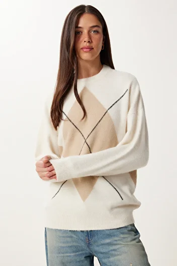 Happiness İstanbul Women's Cream Beige Diamond Patterned Knitwear Sweater Dd01366