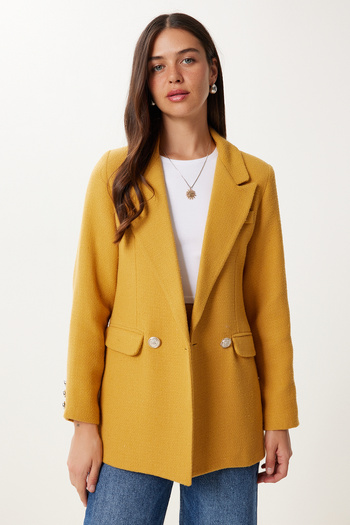 Happiness İstanbul Kadın Hardal Vatkalı Şık Düğmeli Tüvit Blazer Ceket XL00005