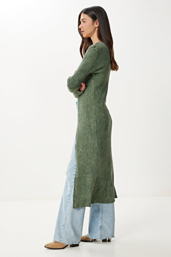 Happiness İstanbul Women's Khaki Washed Long Knitwear Cardigan Ns00461