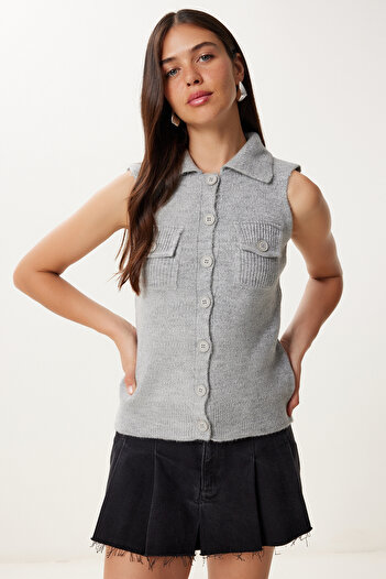 Happiness İstanbul Women's Gray Polo Neck Knitwear Vest Yy00244